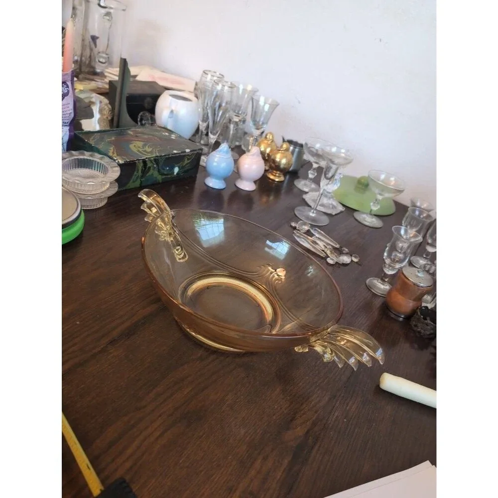 Vintage Amber Glass Bowl with Decorative Handles